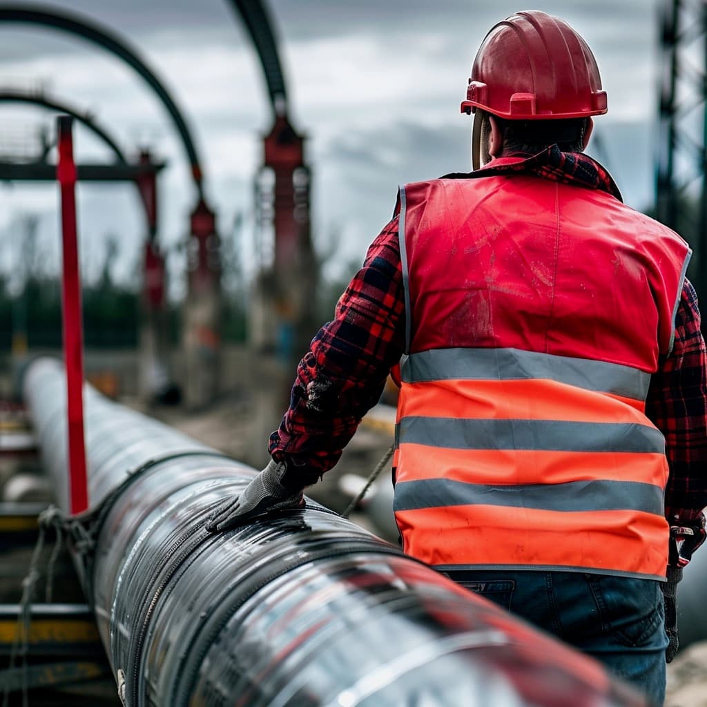 Un trabajador observa una tubería de Diámetros Mayores en un sitio de construcción, vistiendo un casco rojo y un chaleco de seguridad con franjas reflectantes. Al fondo, se pueden ver estructuras y equipos de construcción.